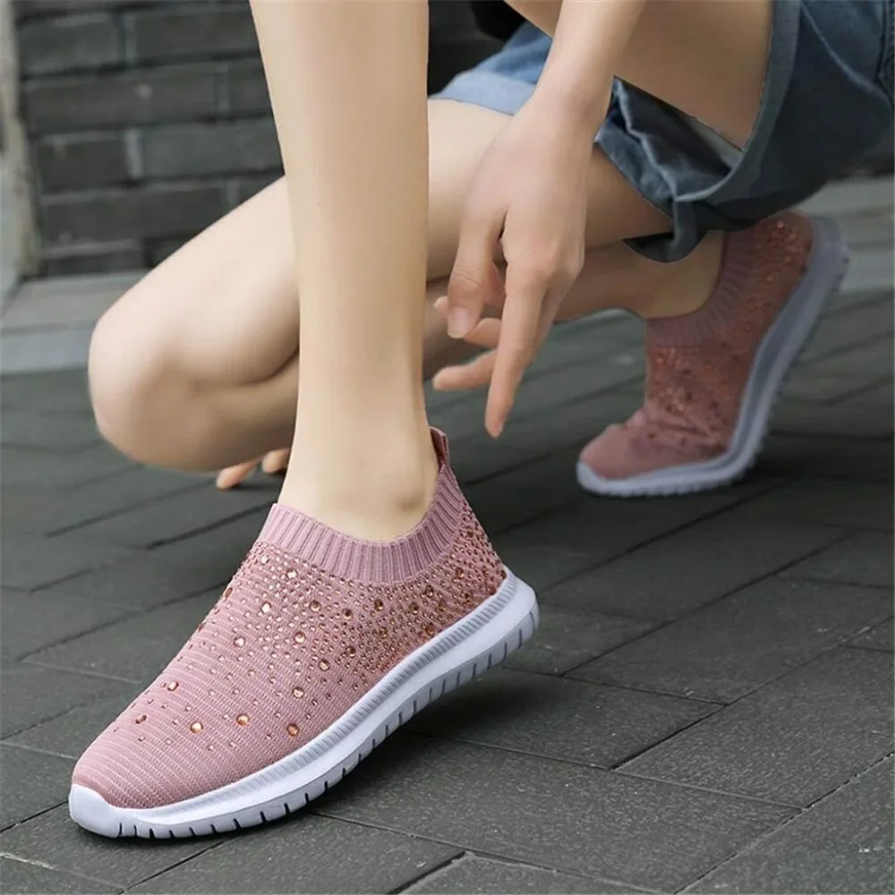 Women's Mesh Walking Shoes Rhinestone Glitter Slip On Ballroom Sneakers Pink